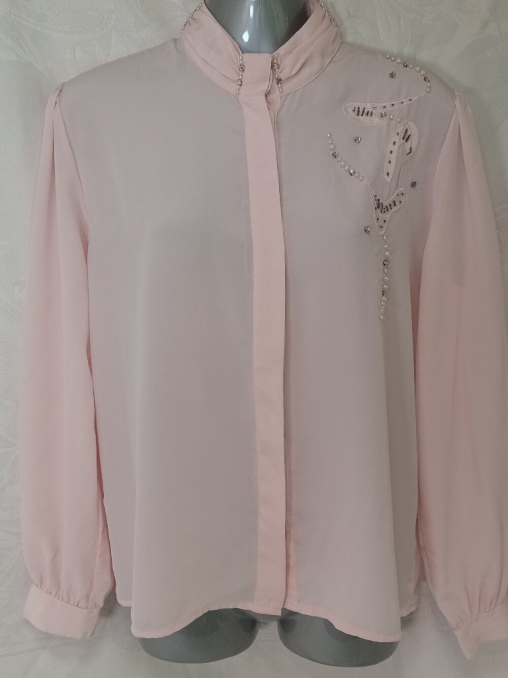 Vintage 80s Pastel Pink Blouse Career Collection Sz 8 Beads Rhinestone Grandma